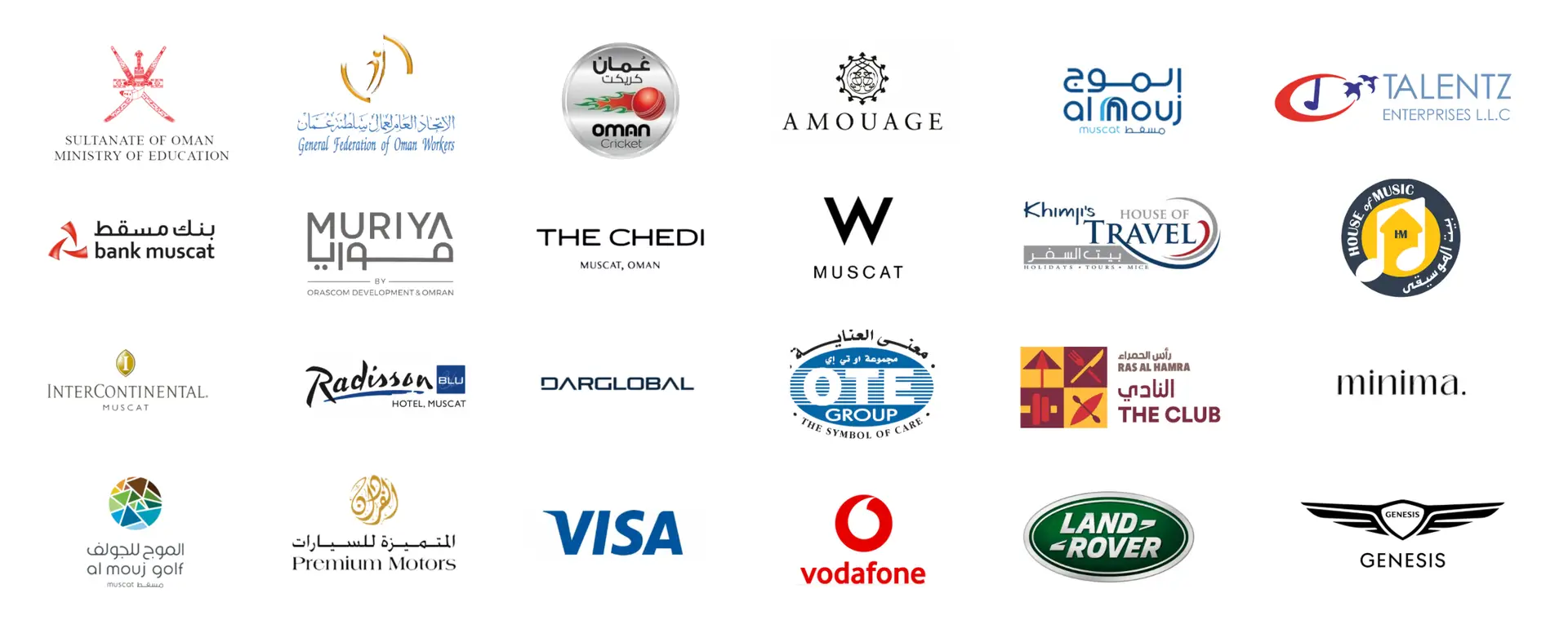 A grid displaying numerous corporate logos, indicating past clients or partners. Prominent logos include Sultanate of Oman Ministry of Education, Oman Cricket, Amouage, Al Mouj Muscat, Talentz Enterprises LLC, Bank Muscat, Muriya, The Chedi Muscat, W Muscat, Khimji's House of Travel, House of Music, InterContinental Muscat, Radisson Blu, DARGLOBAL, OTE Group, Ras Al Hamra The Club, minima., Al Mouj Golf, Premium Motors, VISA, Vodafone, Land Rover, and Genesis.